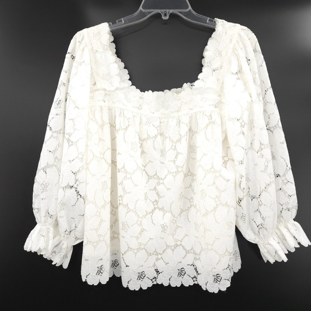 Loeffler‎ Randall Lace Blouse Women S White Puff Sleeve Cottagecore Romantic - Picture 2 of 8